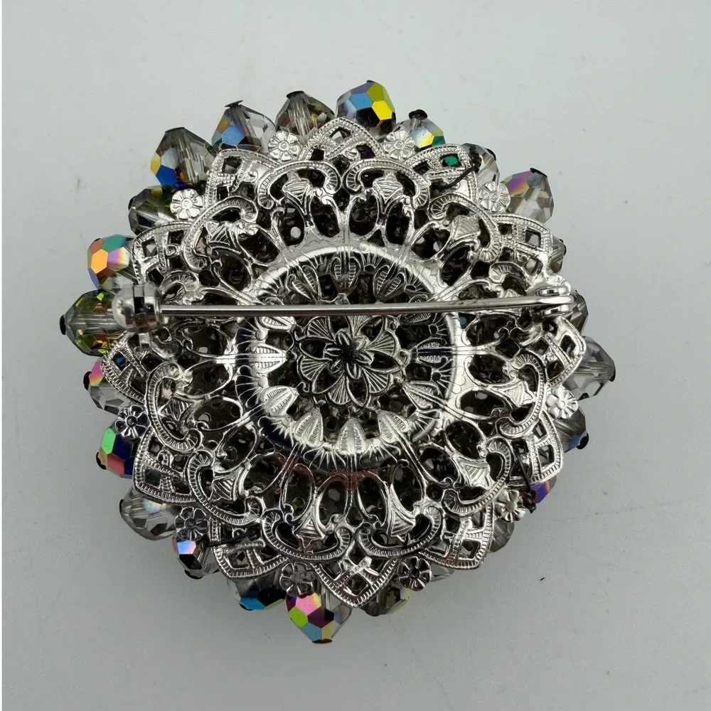 Vintage Dome Crystal Brooch Multicolor AB Aurora Borealis Cluster Filigree Retro